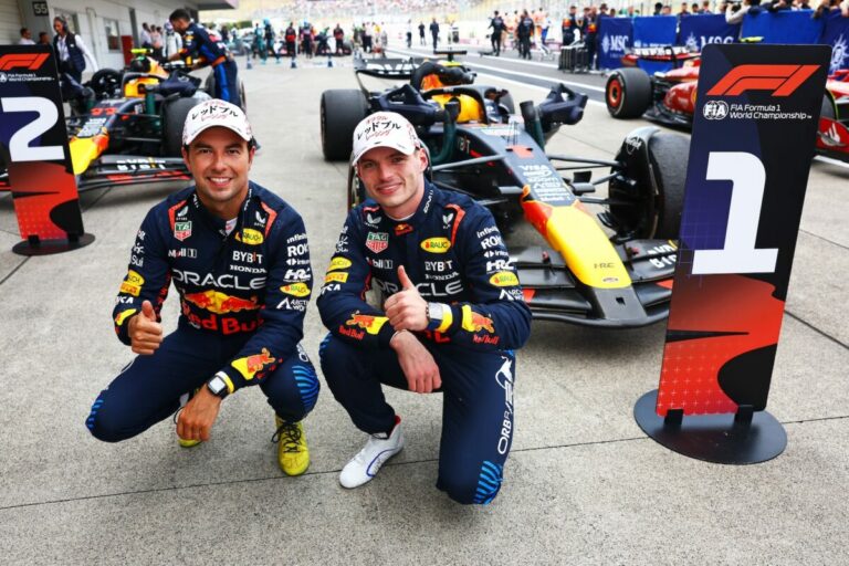 SUZUKA, JAPAN - APRIL 07: Race winner Max Verstappen of the Netherlands and Oracle Red Bull Racing and Second placed Sergio Perez of Mexico and Oracle Red Bull Racing celebrate in parc ferme during the F1 Grand Prix of Japan at Suzuka International Racing Course on April 07, 2024 in Suzuka, Japan. (Phot