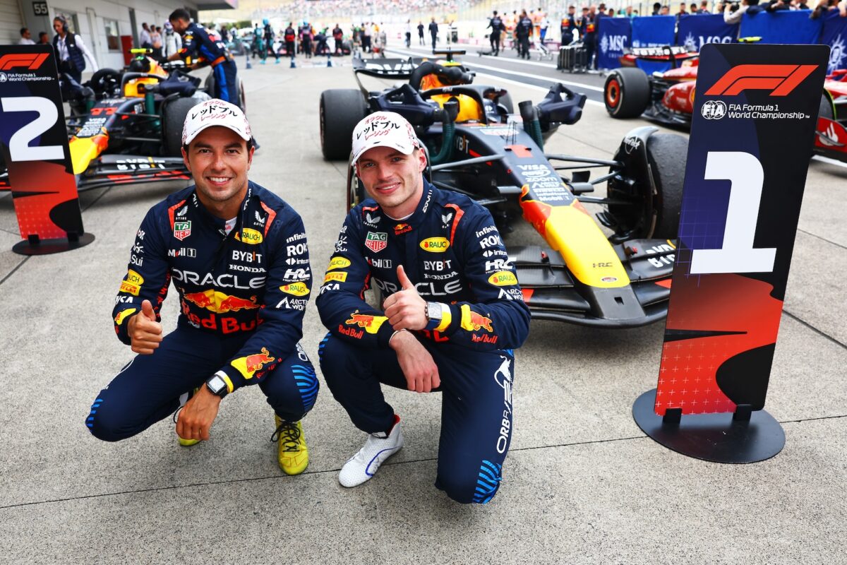 SUZUKA, JAPAN - APRIL 07: Race winner Max Verstappen of the Netherlands and Oracle Red Bull Racing and Second placed Sergio Perez of Mexico and Oracle Red Bull Racing celebrate in parc ferme during the F1 Grand Prix of Japan at Suzuka International Racing Course on April 07, 2024 in Suzuka, Japan. (Phot