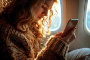 Woman using a smartphone in a plane.